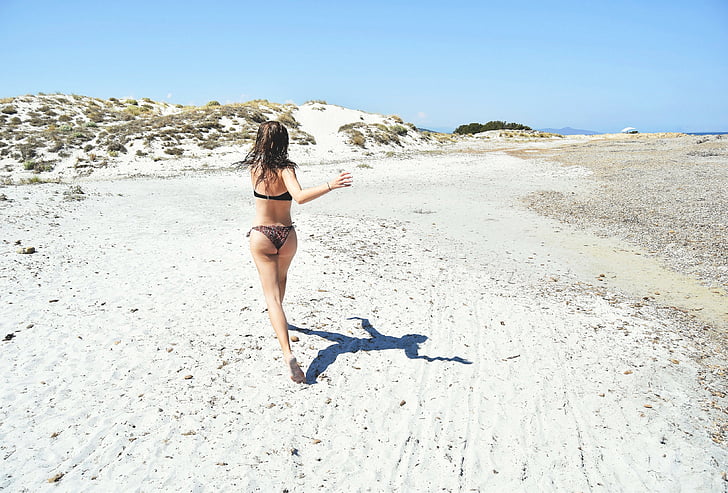 woman, brown, two, piece, bikini, suit, running