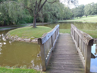 wooden bridge, lake, wooden, bridge, water, wood, landscape