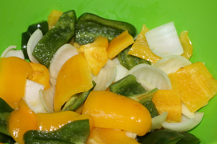 Salad, màu vàng hạt tiêu, màu xanh lá cây, hành tây, rau quả, thực phẩm, thực vật