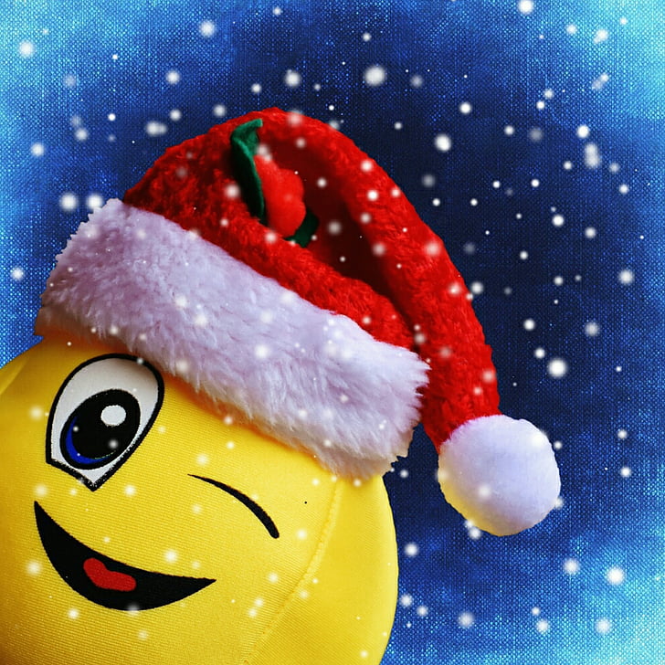 Рождество, смайлик, снег, смешно, смеяться, Подмигнуть, колпак Санта-Клауса