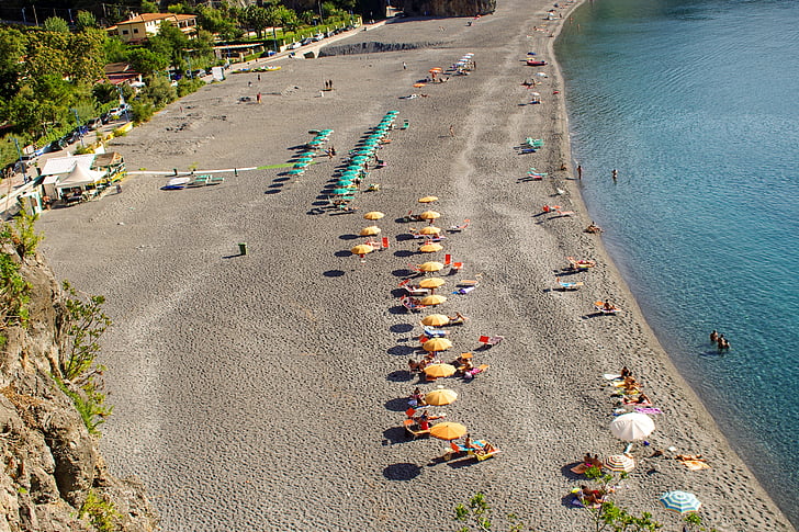 paplūdimys, jūra, skėčiai nuo saulės, San nicola Arcella., Kalabrija, rami jūra, vasaros