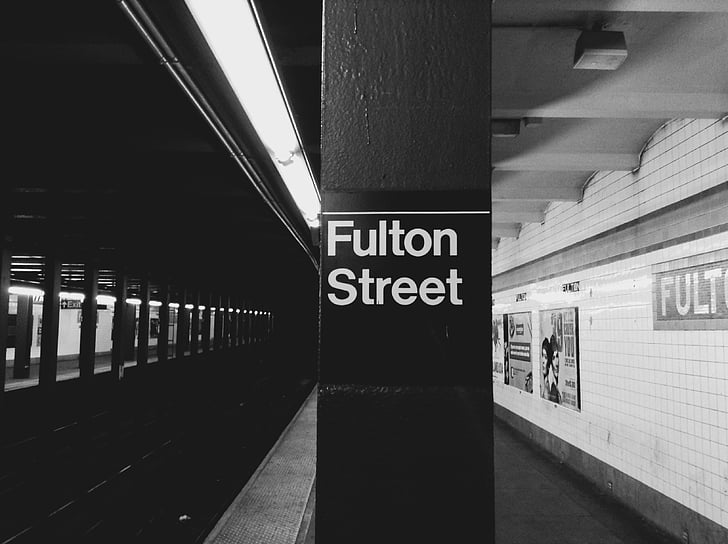 Fulton, rua, sinalização, Fulton Street, NYC, metrô, Estação