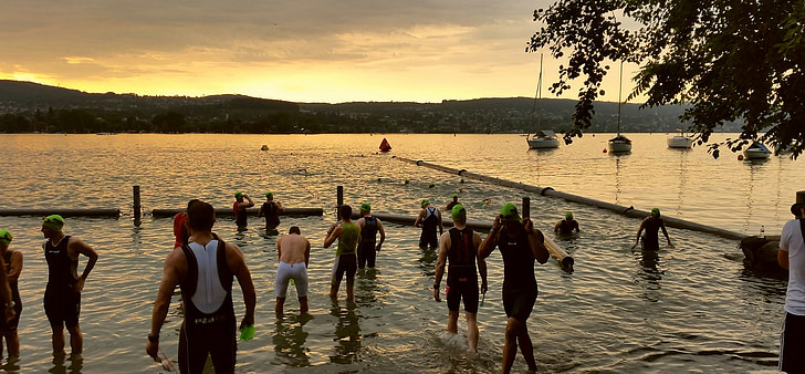 soluppgång, Stålman, Zurich, personer, simning, Triathlon, vatten