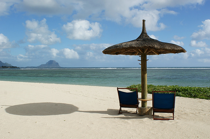 Sommer, ferie, stranden, stol, parasoll, sandstranden, blå