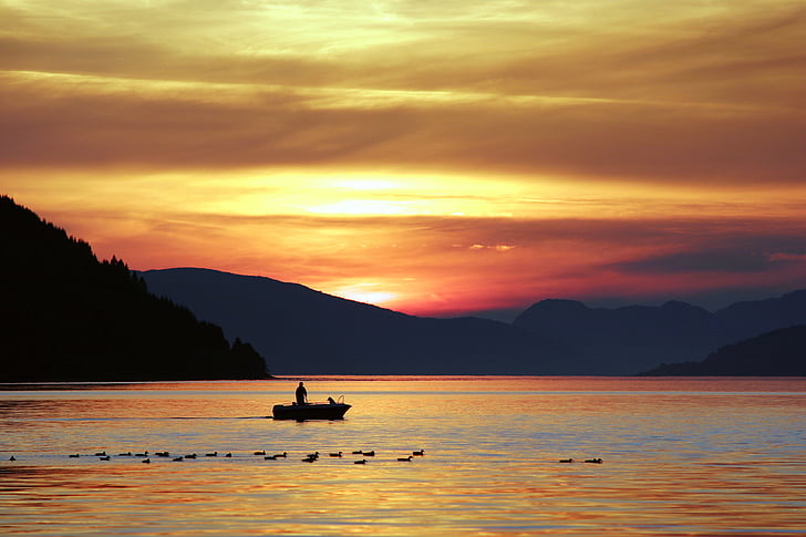 Dawn, soumraku, jezero, Příroda, venku, silueta, obloha