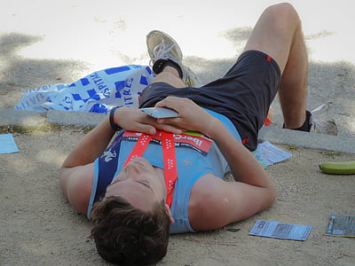 Marató, executar, corredor, Madrid, victòria, fatiga, estirat