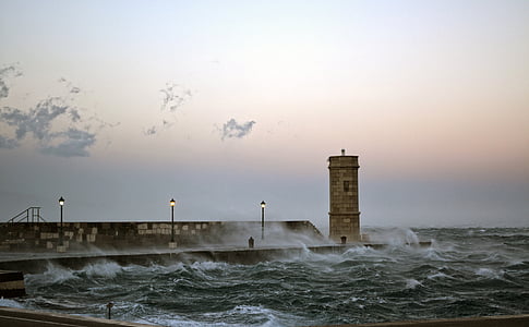 lighthouse, tempest, storm, sea, ocean, sky, water