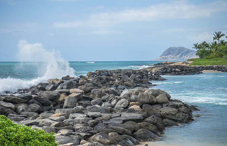 Hawaii, Oahu, vagues, Ko olina, lagon, roches, eau