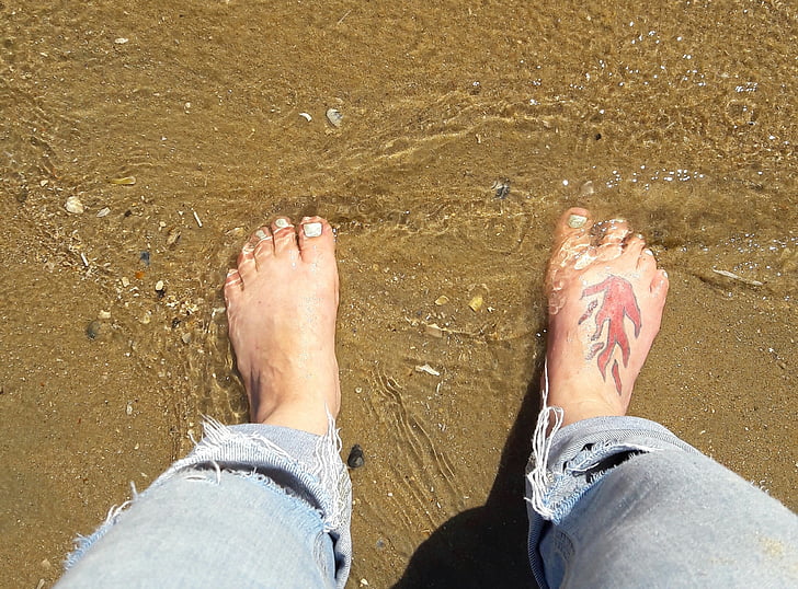 plaža, more, odmor, pijesak, tetovaža, ljudsko stopalo, ljudska noga