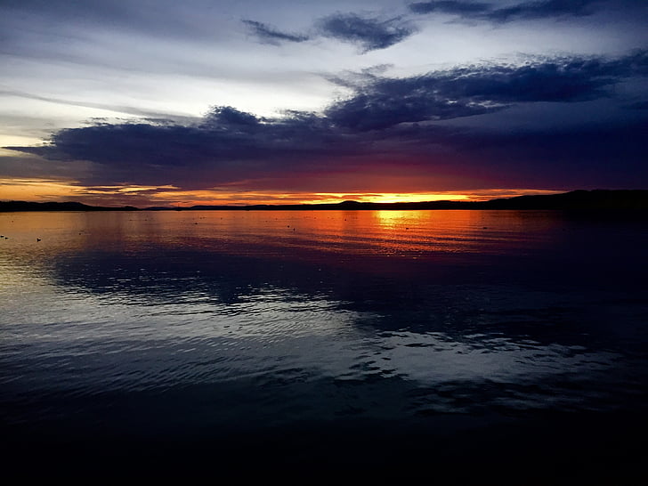 Západ slunce, noční, tmavý, mraky, jezero, obloha, večer