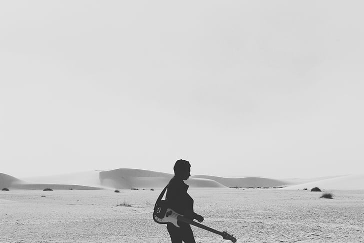alone, black-and-white, desert, dunes, electric guitar, man, music