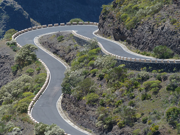 curve, return, pass road, mountain road, road, mountains, steep