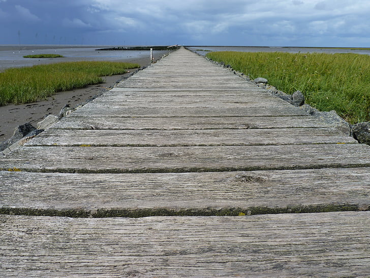 Северно море, уеб, Ваденово море, прилив, дъски, самотен, Boardwalk