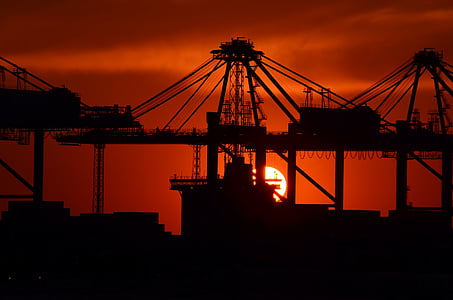 Industrie, Sonnenuntergang, Hafenanlage, Stimmung, Farbe des Himmels, Container-Hafen, Hafenkrane