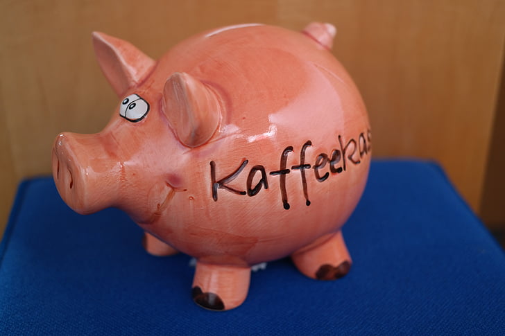 Piggy bank, check-out caffè, check-out, maiale, figurine di porcellana, soldi, entrate