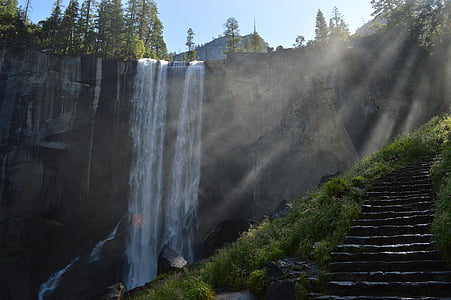 waterfall, cliff, sunbeams, stairs, steps, mountains, nature