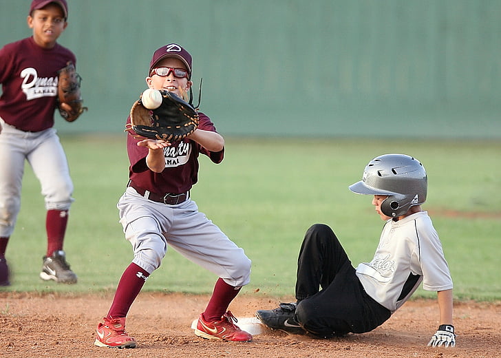 basebol, ação, segunda base, jogadores, liga infantil, captura de, jogo