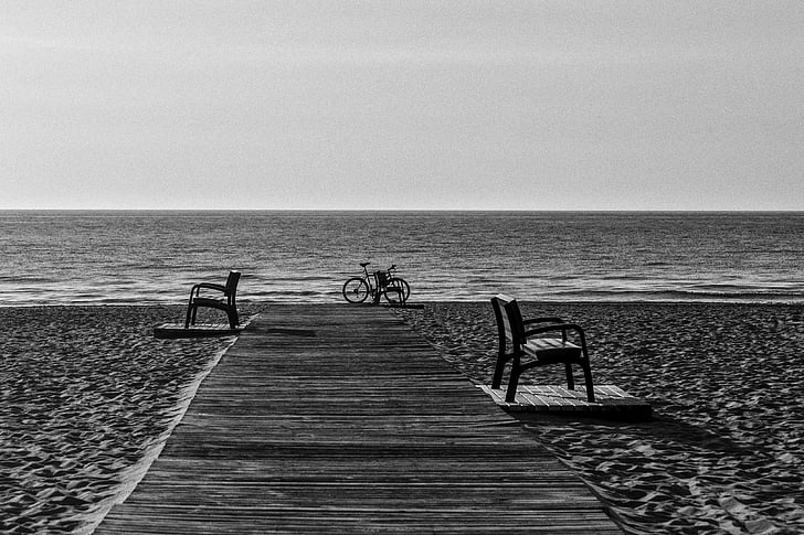Plaża, ławki, rowerów, rower, Ocean, piasek, morze
