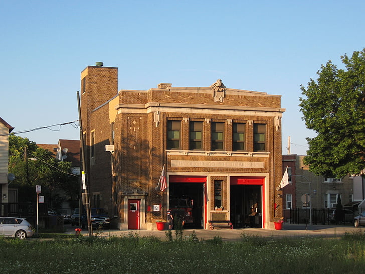 firehouse, chicago, urban, city, structure, building, retro