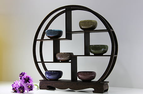 enhet, hylla, runda rack, tillbehör, ware, japansk stil decorating, Heminredning