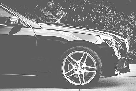 auto, automobile, automotive, black-and-white, car, chrome, classic