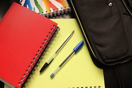 school, notebook, binders, notepad, book, pen, red