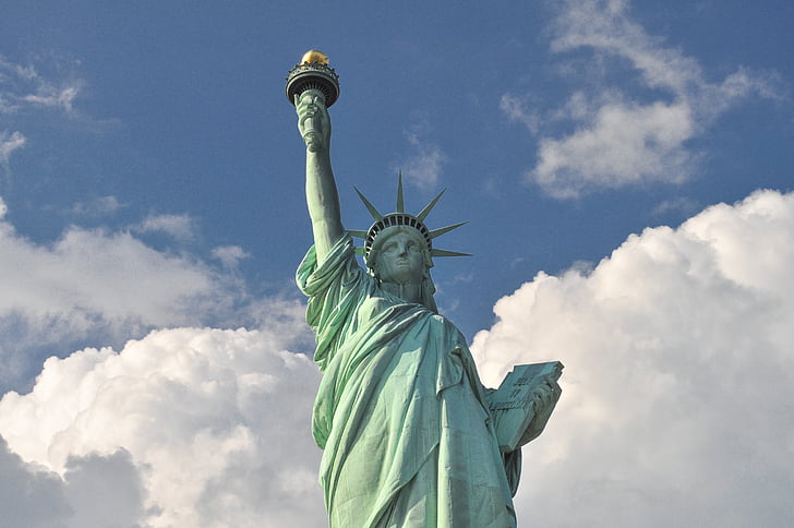 statue, liberty, cloudy, sky, daytime, blue, clouds