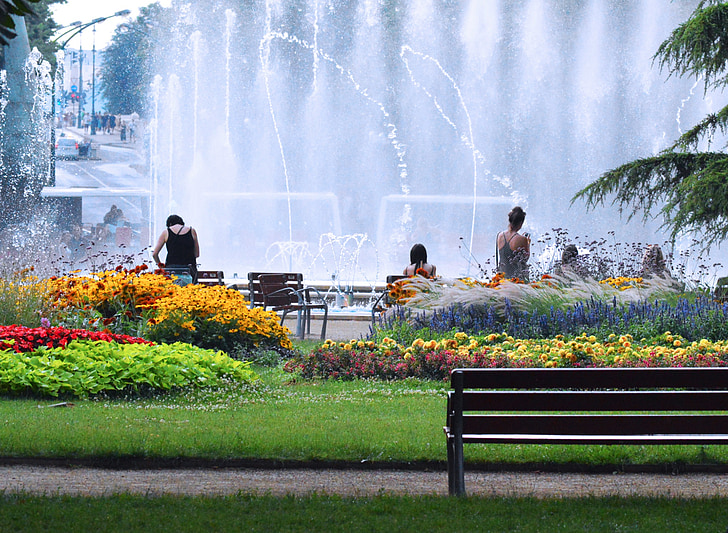 parkas, fontanas, sodas, gėlės, suoliukas, vandens, vasaros