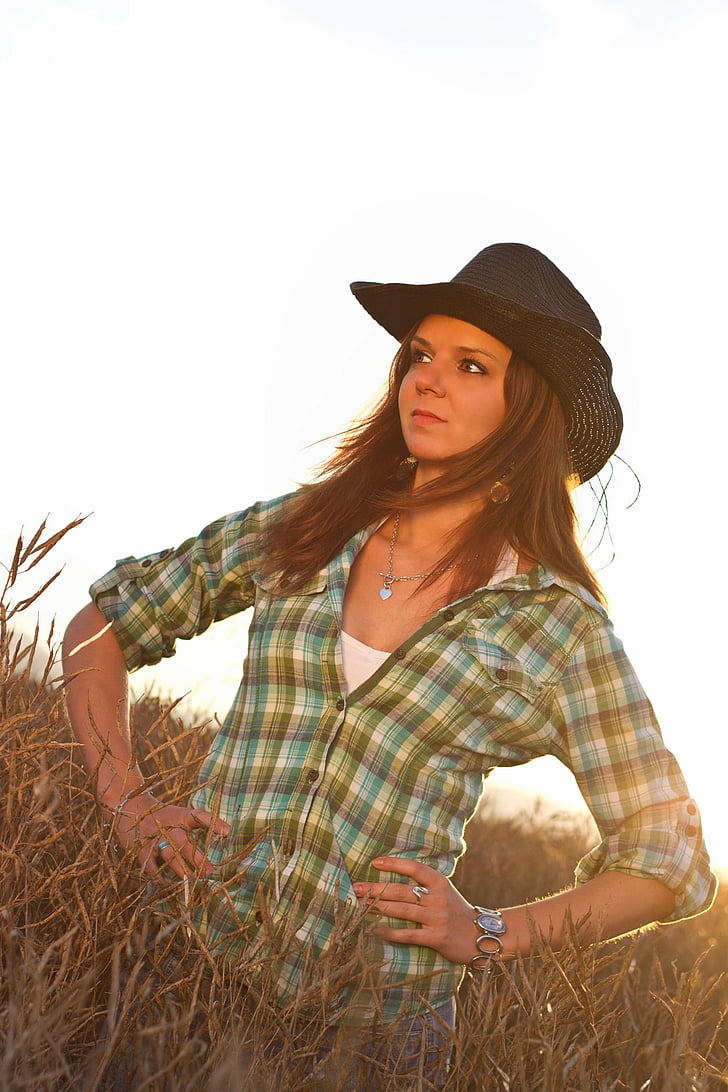 cowboy, girl, pretty, hat, shirt, skirt, field