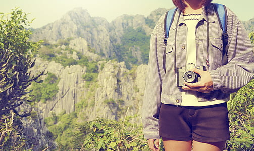 adult, adventure, background, backpack, beautiful, camera, girl
