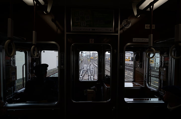 silhouette, homme, au volant, train, porte, chemin de fer, intérieur du véhicule