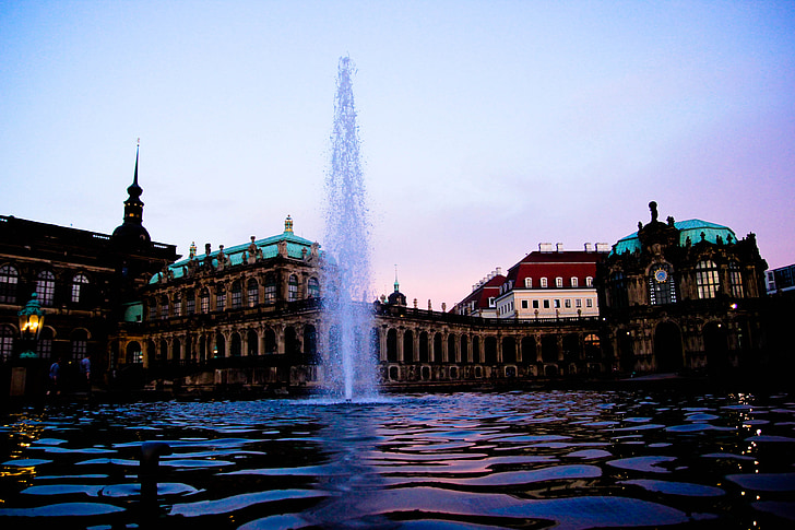 Dresden, uzgajivačnica ribnjak, Fontana, vode, zalazak sunca, mlaz vode, Horizont