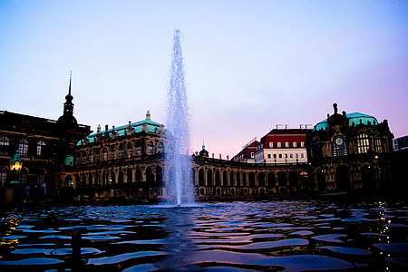 Dresden, Psarna ribnik, vodnjak, vode, sončni zahod, vodni curek, obzorje