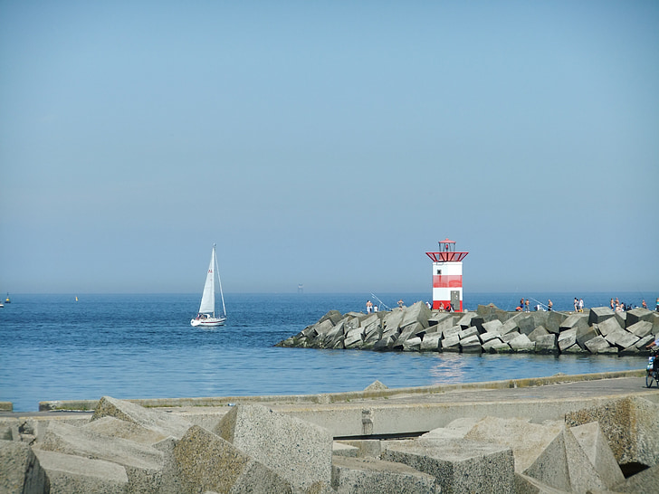 coast, lighthouse, sea, north sea, water, sailing boat, breakwater