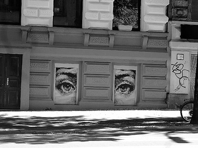 eyes, black and white, graffiti, street art, painted, road, wall