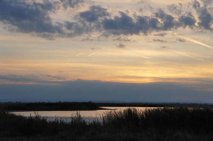 solnedgång, långa lacker, Pannoniska låglandet, Burgenland, Österrike, naturen, landskap