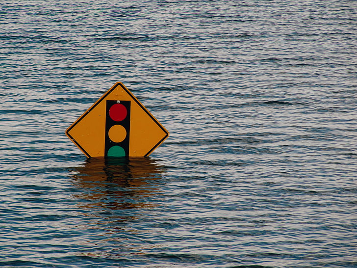 water, sign, stoplight, board, yellow, red, green