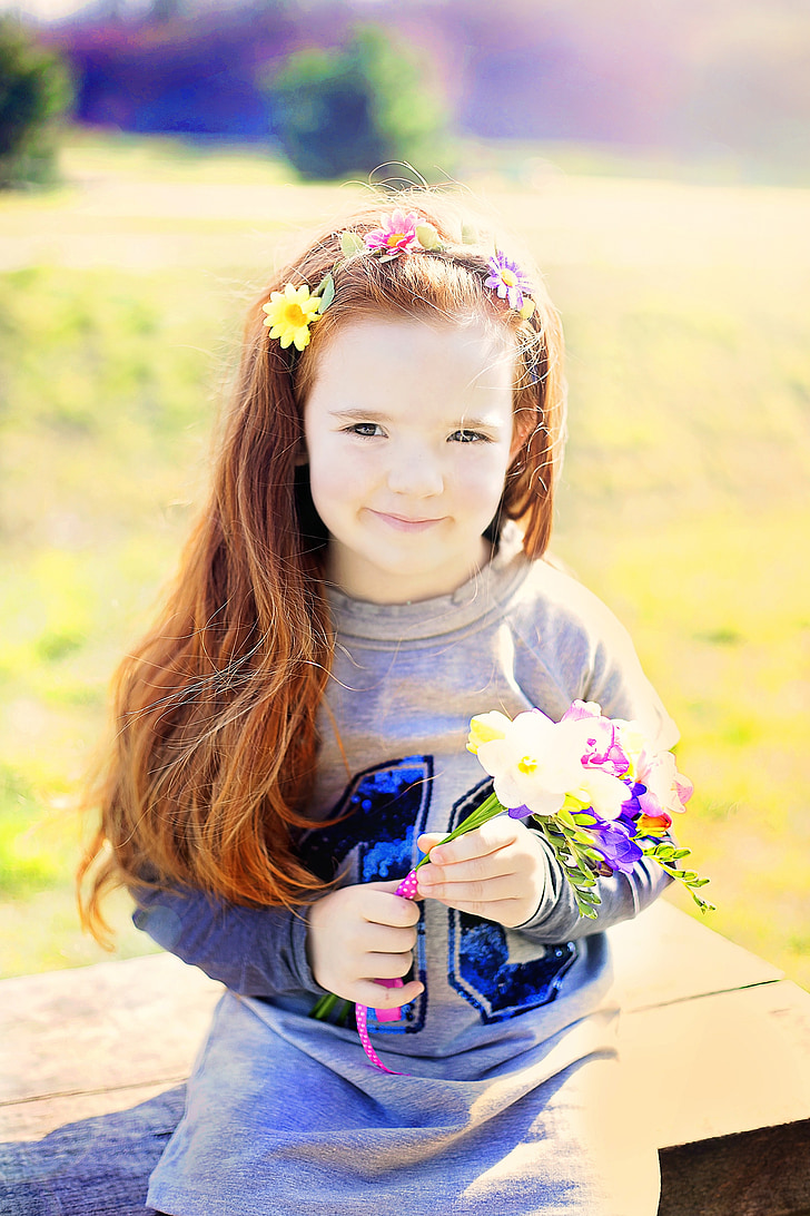 spring, red hair, flowers, summer, children, flower summer, nature