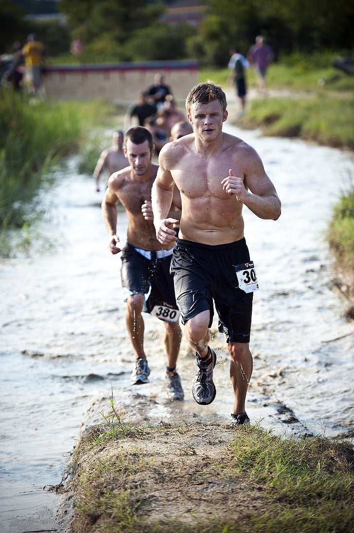 corredors, competència, cursa, fang, obstacle, peus, l'aigua