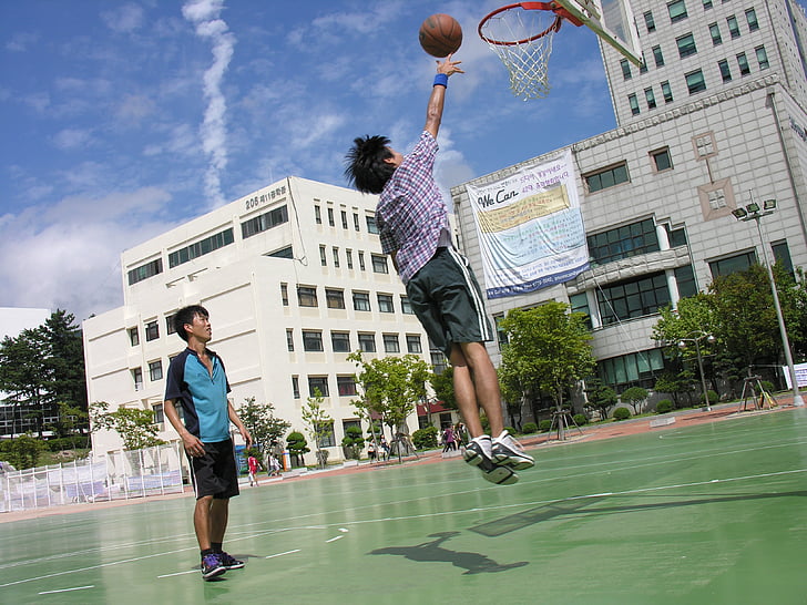 basketbal, sport, hemel, Nationale Universiteit van Pusan, lay-up, zomer, buiten basketbalvelden