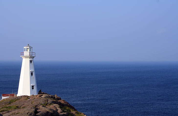 photo, white, concrete, lighthouse, near, seashore, ocean