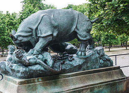 Paryż, Architektura, Park, sztuka, Rzeźba, Rhino, Nosorożec indyjski
