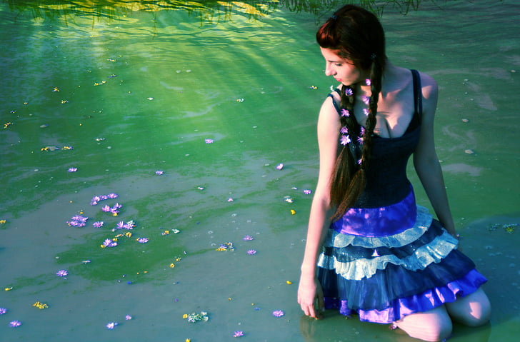 girl, lake, flowers, mov, rays, water, story