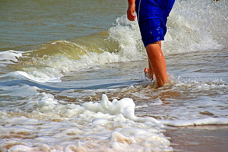láb, lábak, homok, víz, hullám, megy, spray