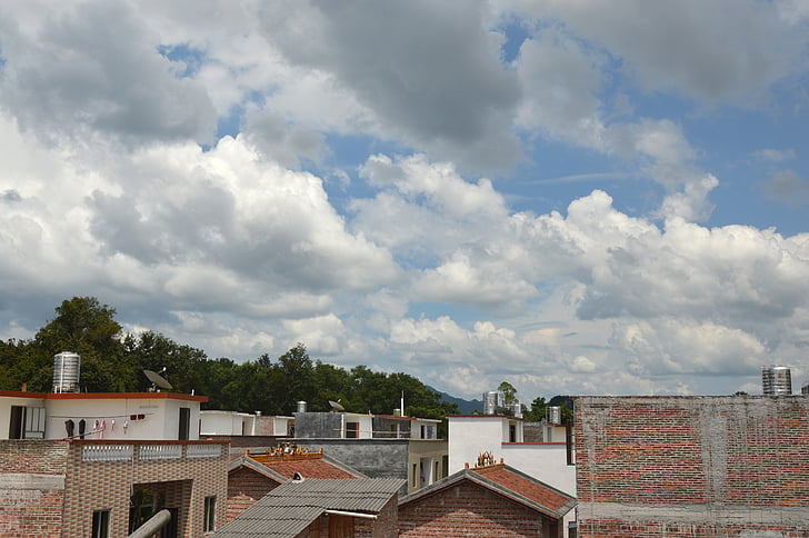 푸른 하늘, 흰 구름, 스카이, 경치, 맑은 날, 건물, 사진