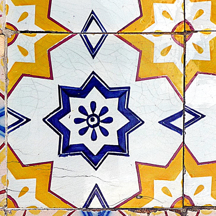 earthenware, tile, blue, yellow, red, portugal, wall