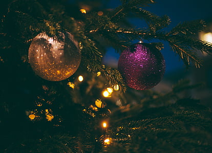 два, фиолетовый, золото, Цветные, Рождество, шарики, повешение