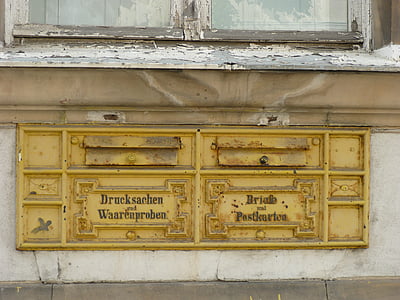 buzón de correo, antiguo, Exponer, acero inoxidable, resistido, amarillo