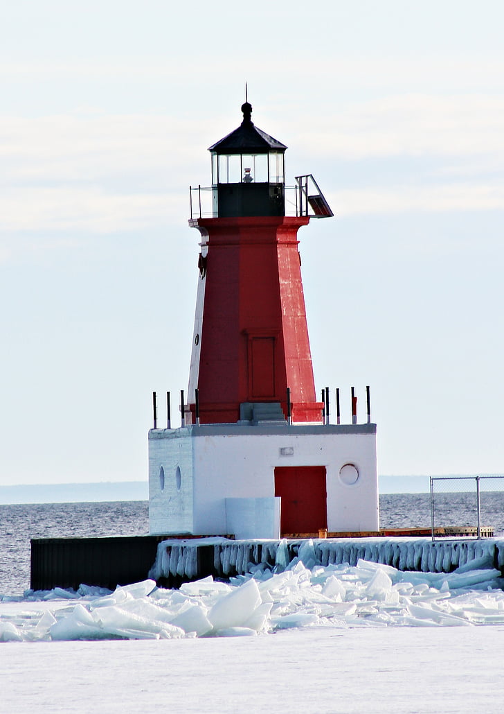 lighthouse, ice, snow, sea, beacon, nature, sky