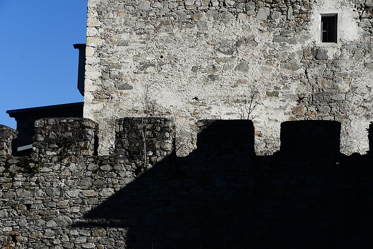 Castell, maçoneria, merlets, Castell del cavaller, paret del castell, ombra, mur de pedra